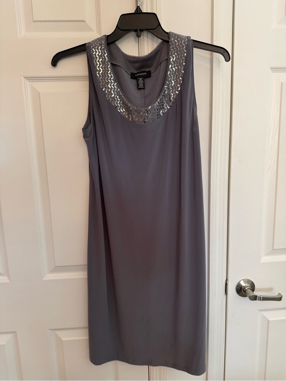 R&M Richards Gray Sleeveless Midi Dress with Sequin Scoop Neck